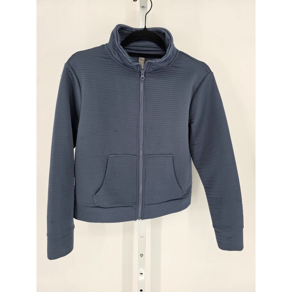 Yogo Womens Sz M Full Zip Cropped Athletic Jacket Navy Blue Ribbed Yoga